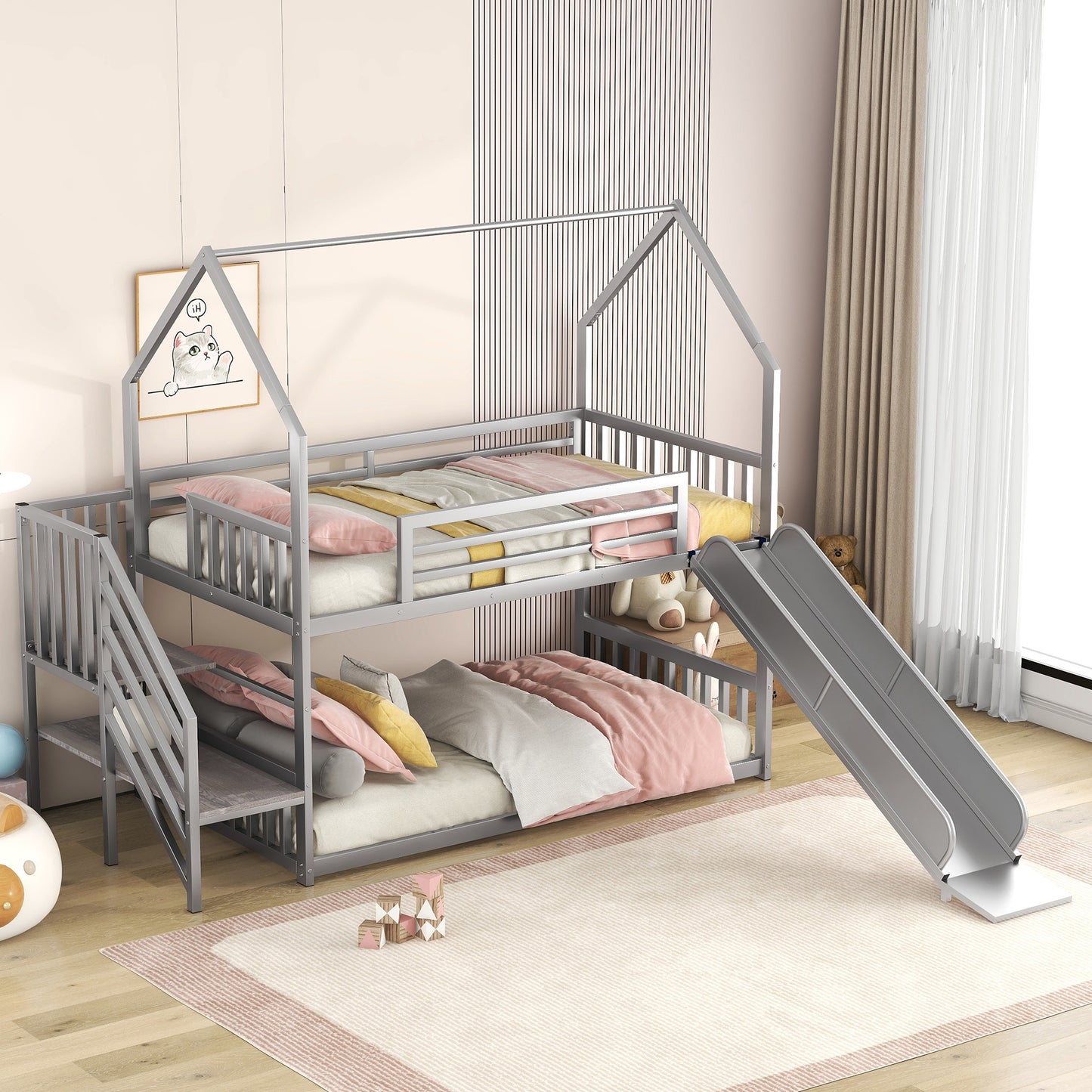 Daniel Twin over Twin Metal Bunk Bed House Bed with Slide and Staircase, Silver