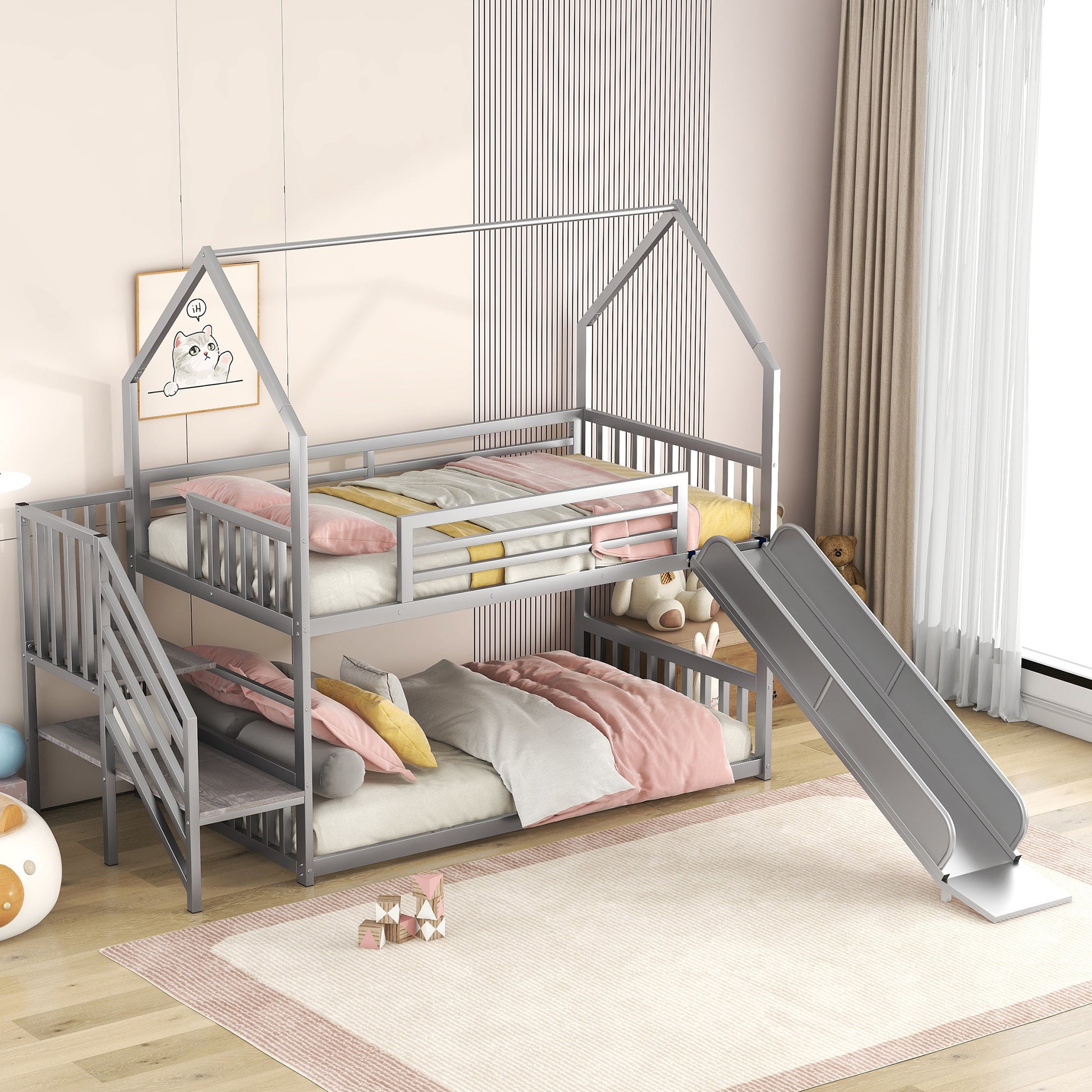 Daniel Twin over Twin Metal Bunk Bed House Bed with Slide and Staircase, Silver