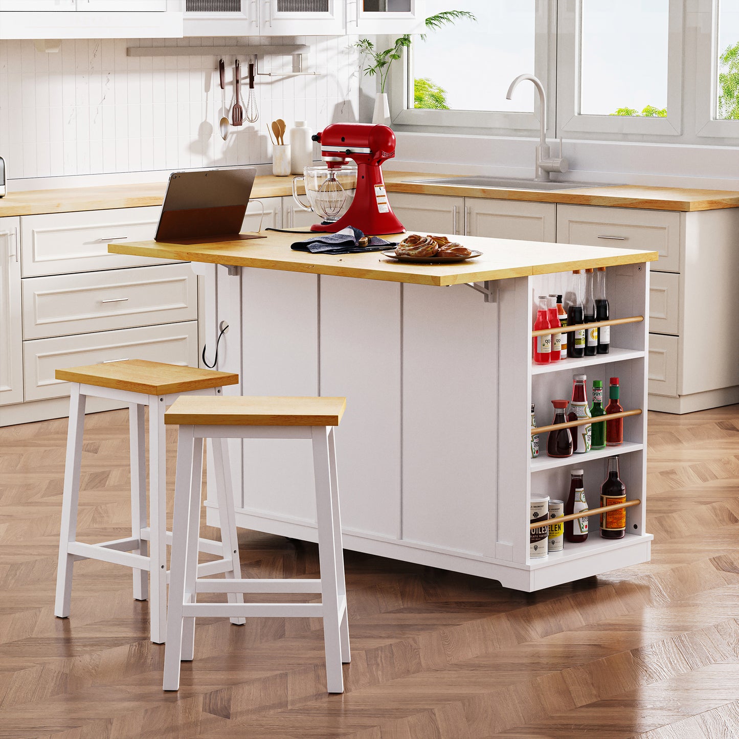 K&k 53" Large Kitchen Island with 2 Bar Stools - White - detail view 2