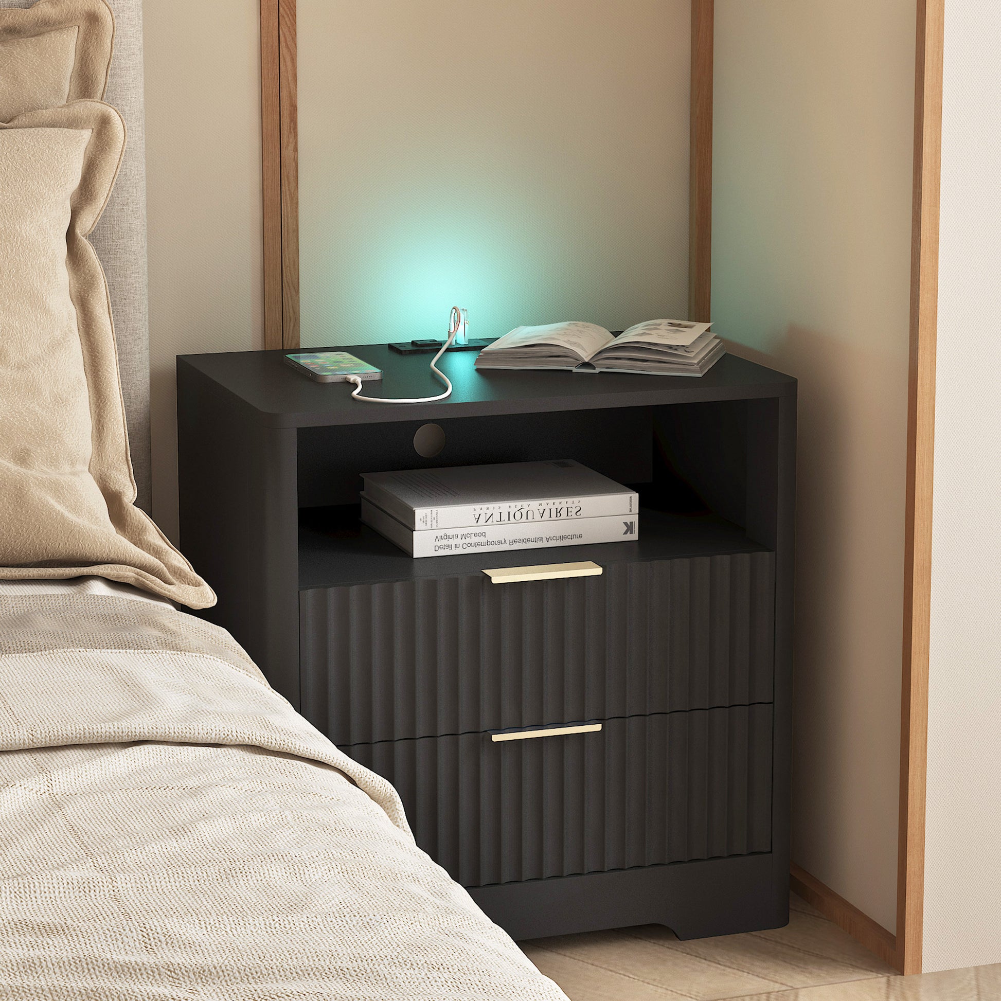 Nightstand with Charging Station - Black - detail view 2