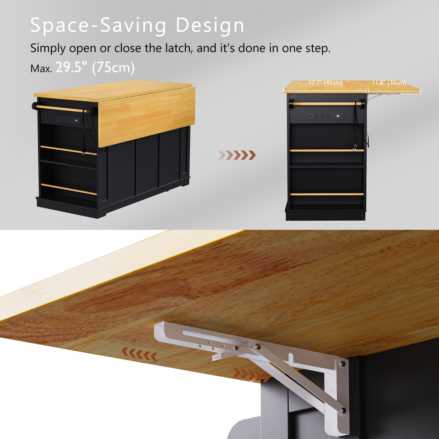 K&k 53" Large Kitchen Island with Drop Leaf - Black - detail view 8
