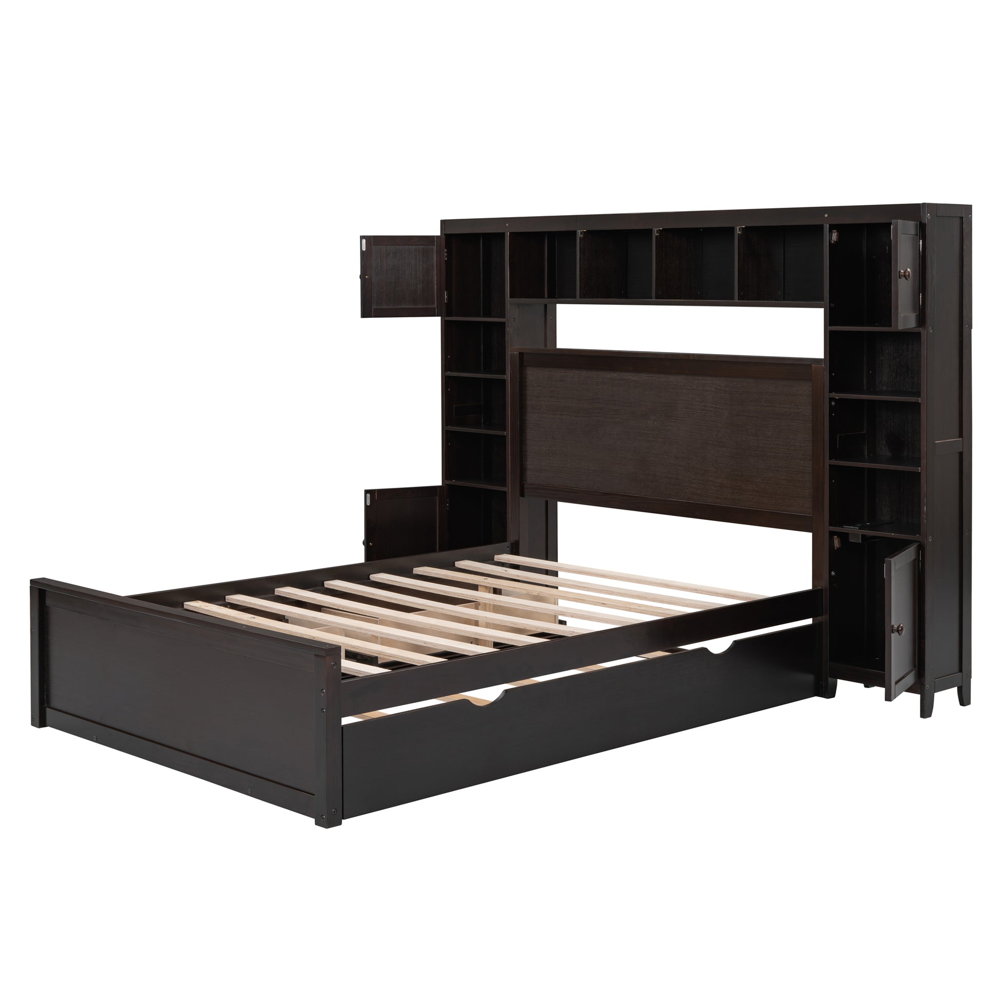 Ambrose Full Size Wooden Bed With All-in-One Cabinet, Espresso