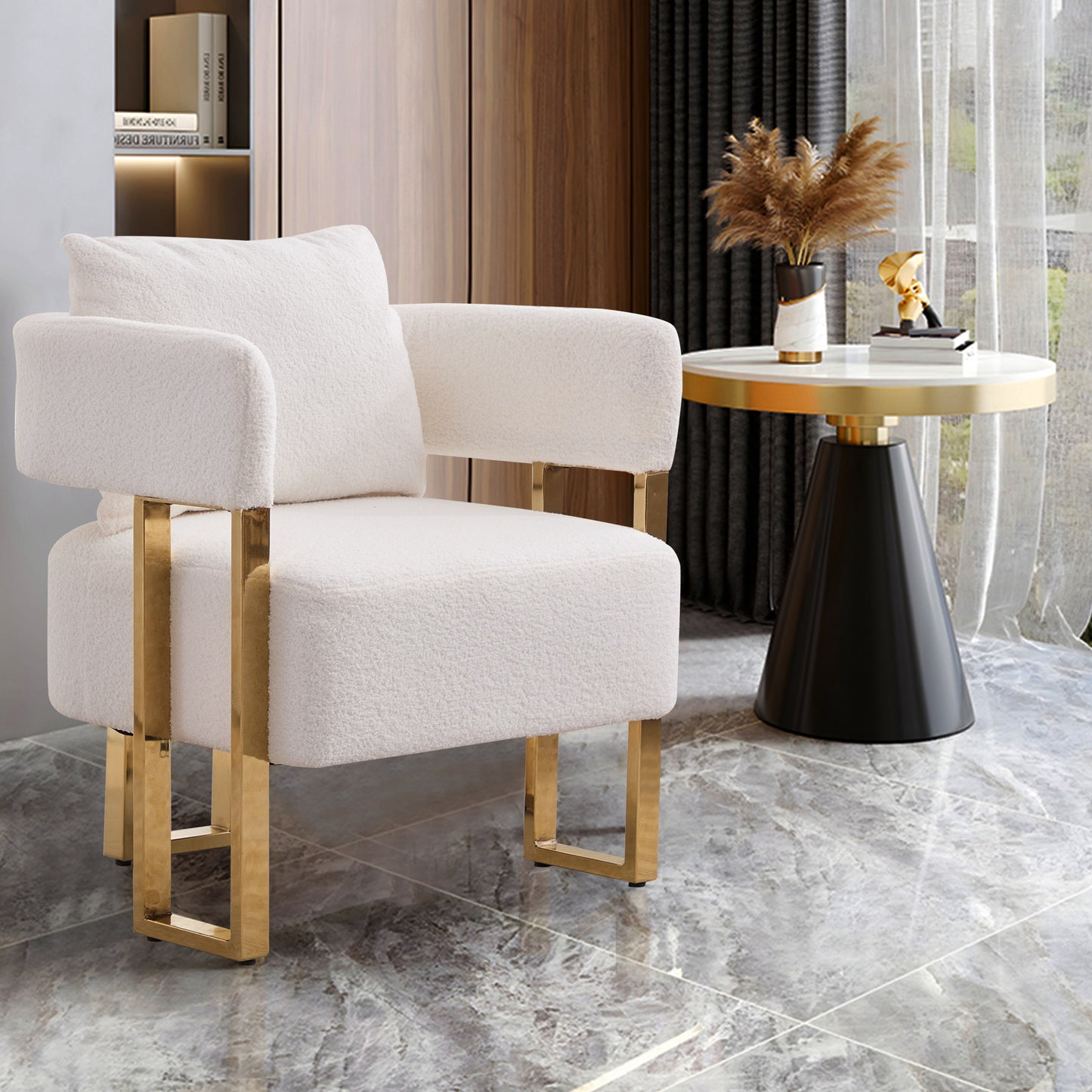 White Bouclé Steel Frame Accent Chair with Gold Legs - detail view 5