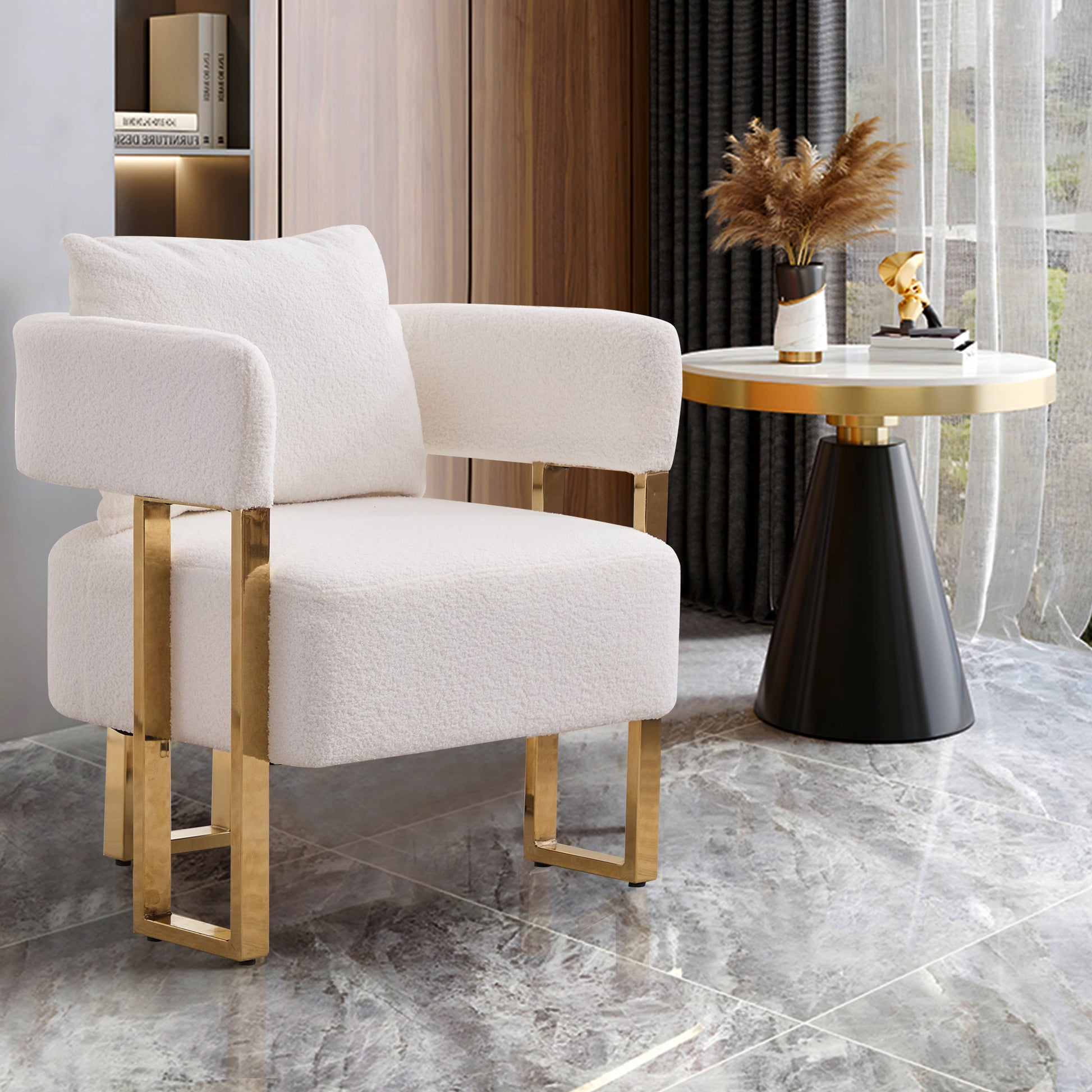 White Bouclé Steel Frame Accent Chair with Gold Legs - detail view 5