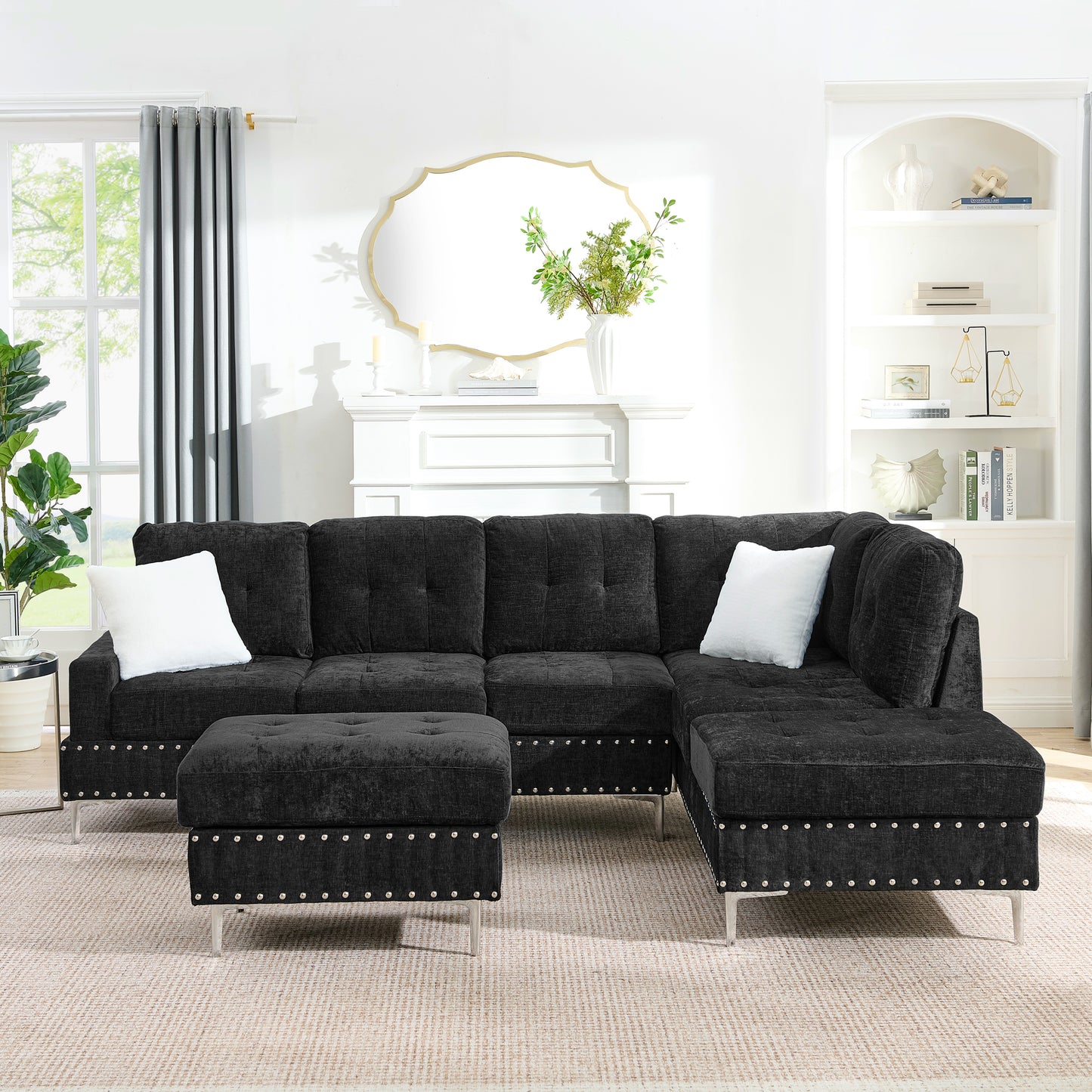 Modern L-Shaped Sectional Sofa with Chaise and Storage Ottoman in Black Chenille, Metal Legs and Copper Nails, Includes Two White Pillows, 102' - detail view 6
