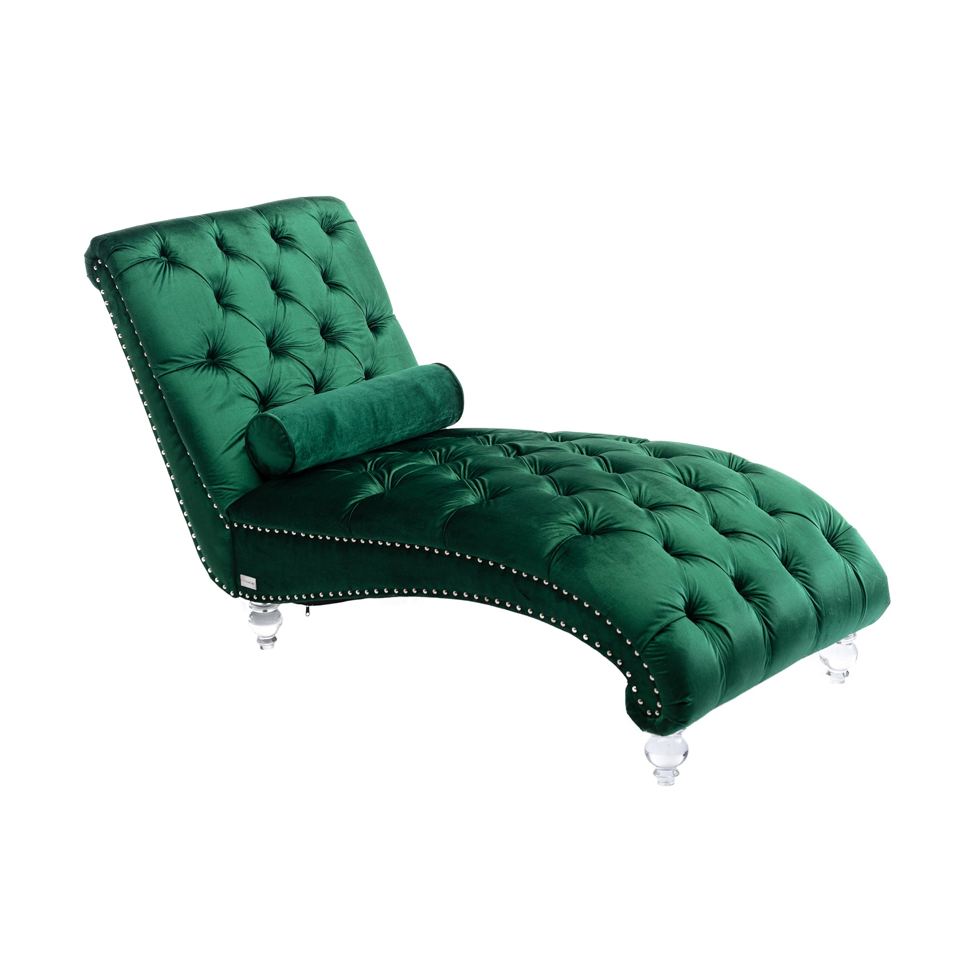 Emerald Velvet Tufted Chaise Lounge with Wood Legs - primary color shot