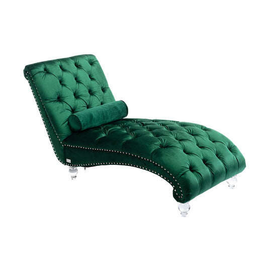 Emerald Velvet Tufted Chaise Lounge with Wood Legs - primary color shot