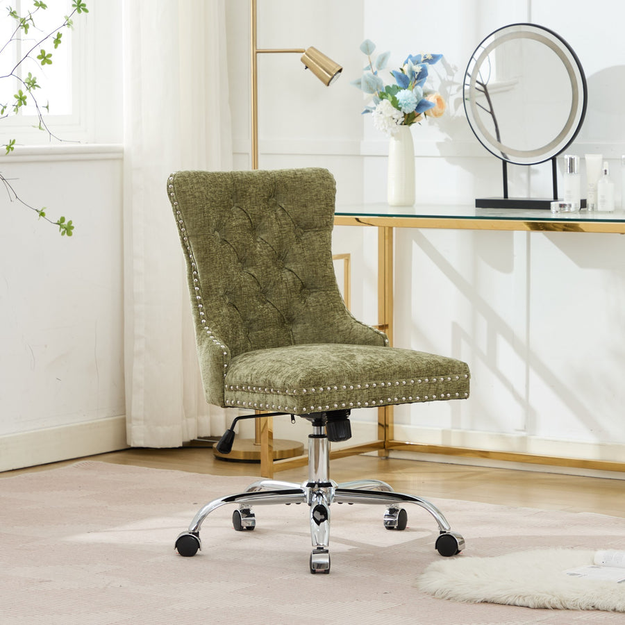 Green Chenille Tufted Nailhead Trim Office Chair with Silver Legs