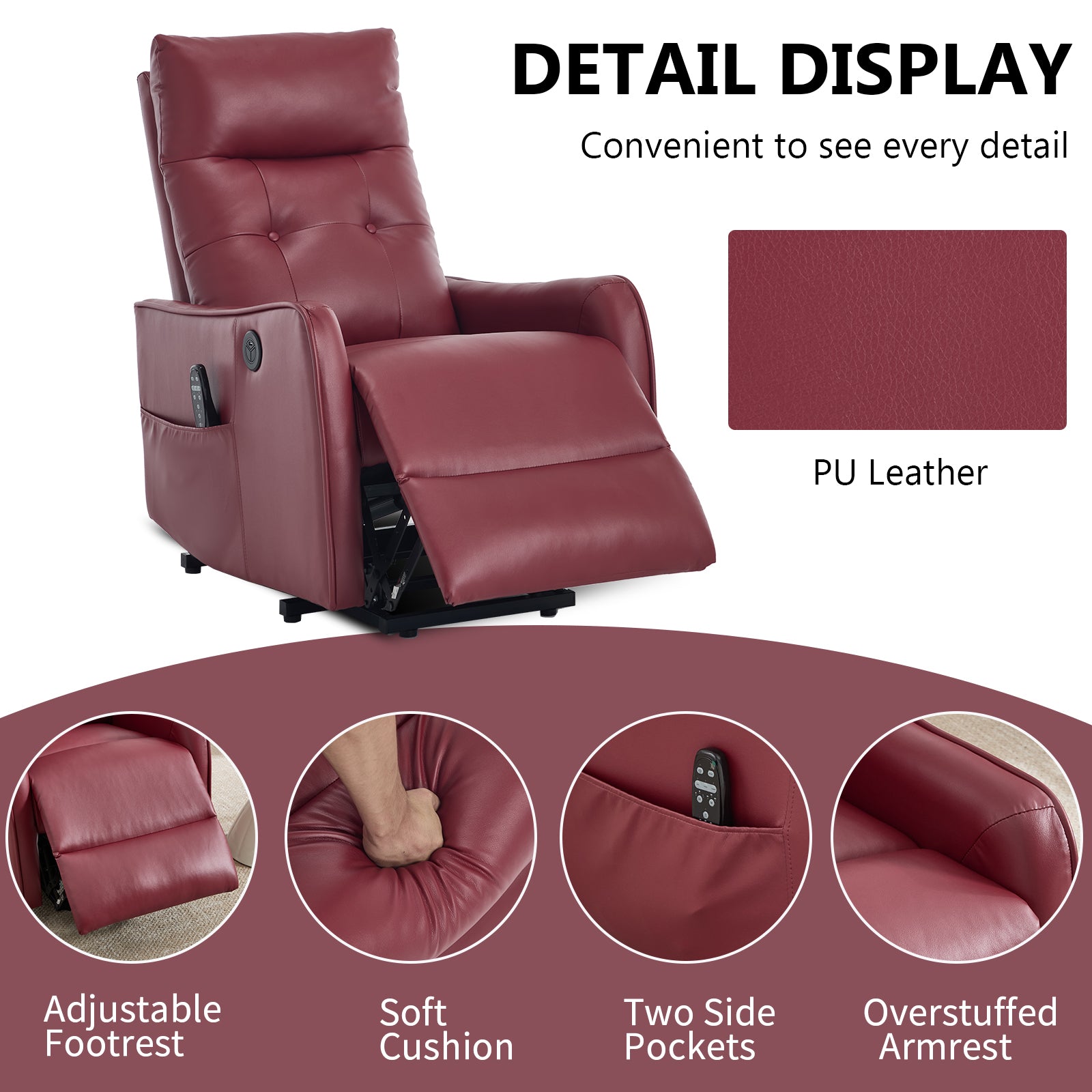 Wine Red PU Single Motor Power Lift Recliner Chair with Massage and Heat for Elderly - detail view 8