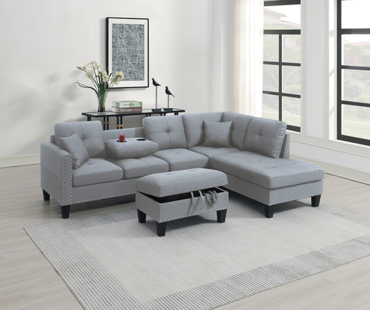 Living Room Furniture 3-PCS Sectional Sofa Set LAF Sofa RAF Chaise And Storage Ottoman Cup Holder Taupe Grey Color Linen-Like Fabric Couch - primary color shot
