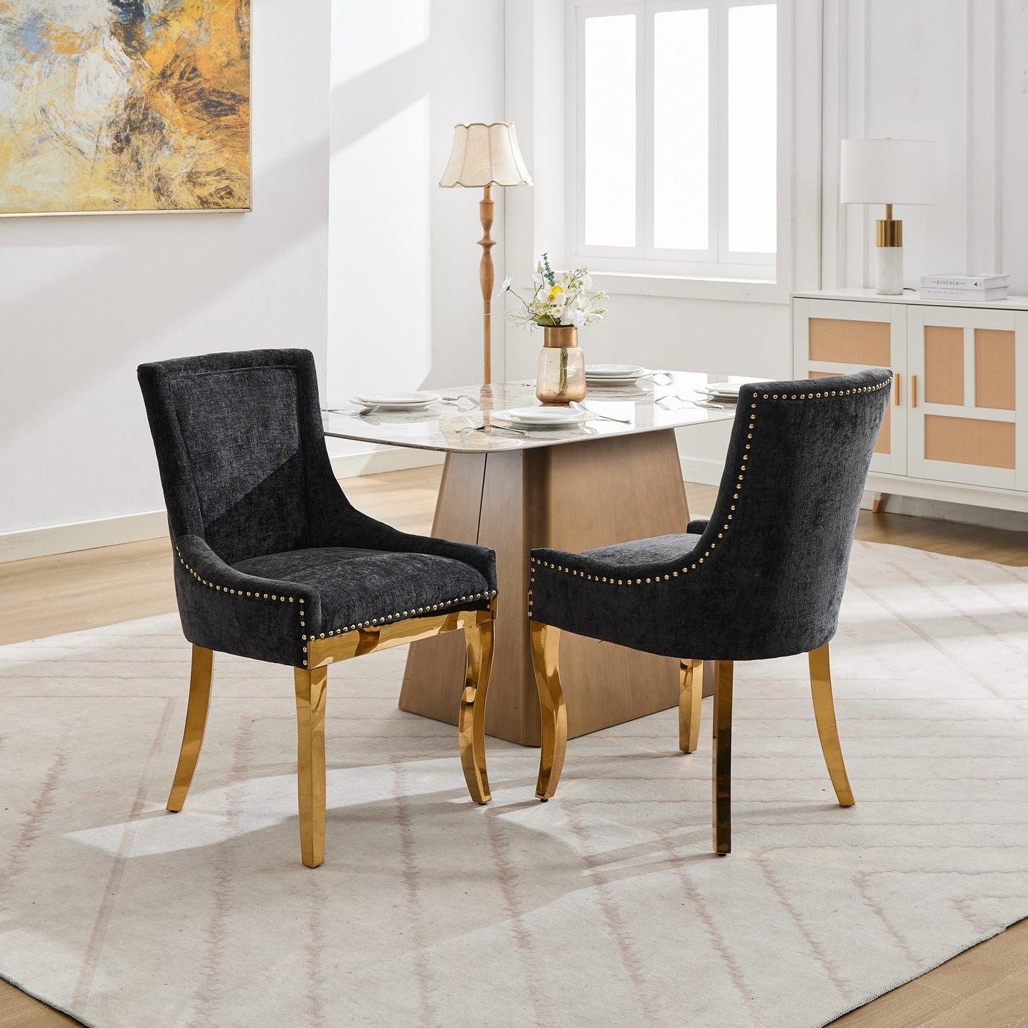 Calvera Black Chenille Upholstered Dining Chairs with Gold Legs (Set of 2)