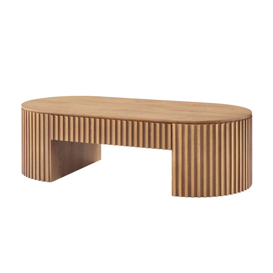 51.18'' Oval Wood Coffee Table with Drawer Mid Century Modern Coffee Table Unique Coffee Table - Oak - primary color shot