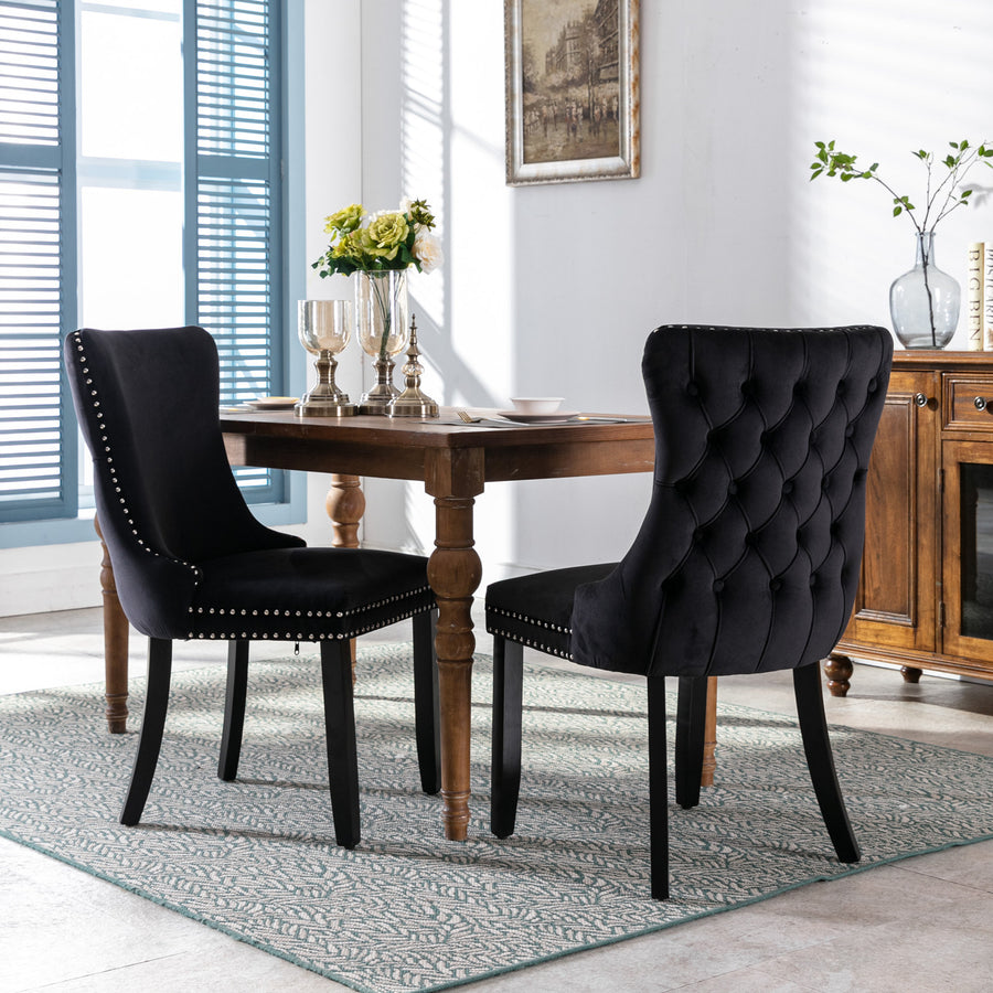 Black Velvet Nailhead Trim Dining Chairs with Black Legs (Set of 2)