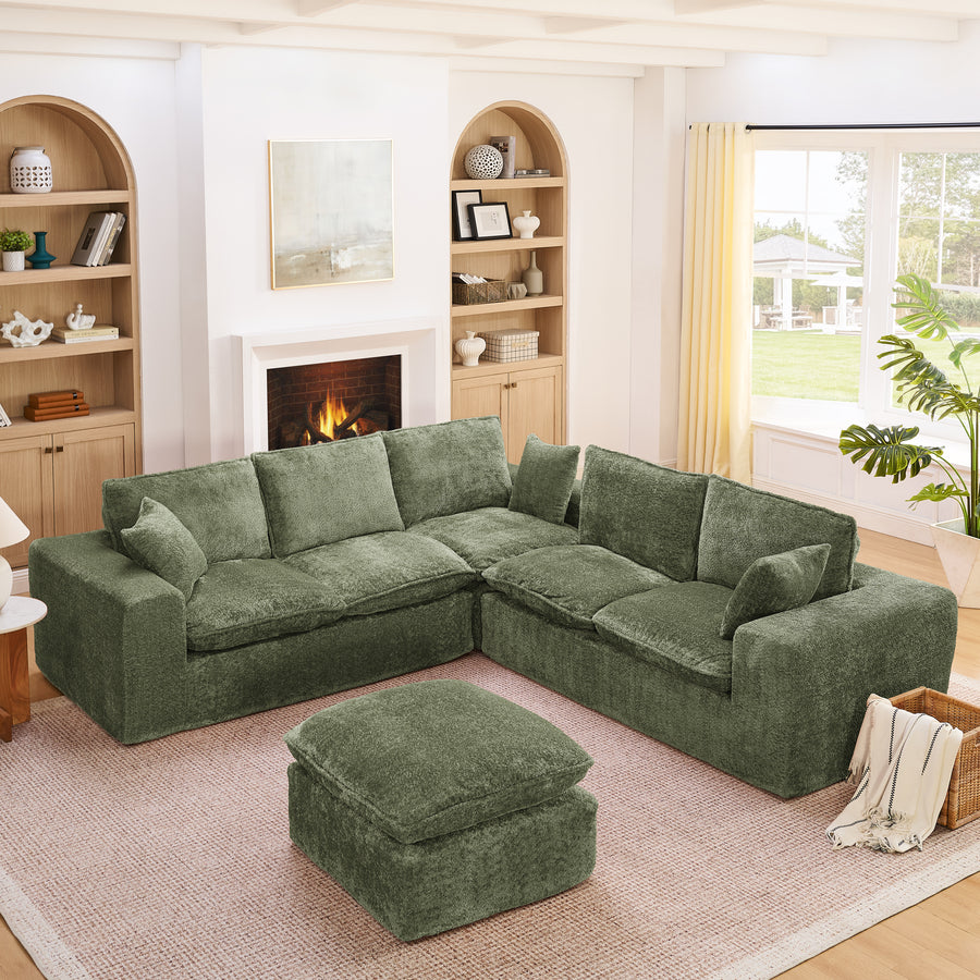 Modern Green Boucle L-Shaped Sectional Sofa with Moveable Ottoman, Cloud-Like Comfort Couch with Pillows, DIY Modular Design - detail view 2