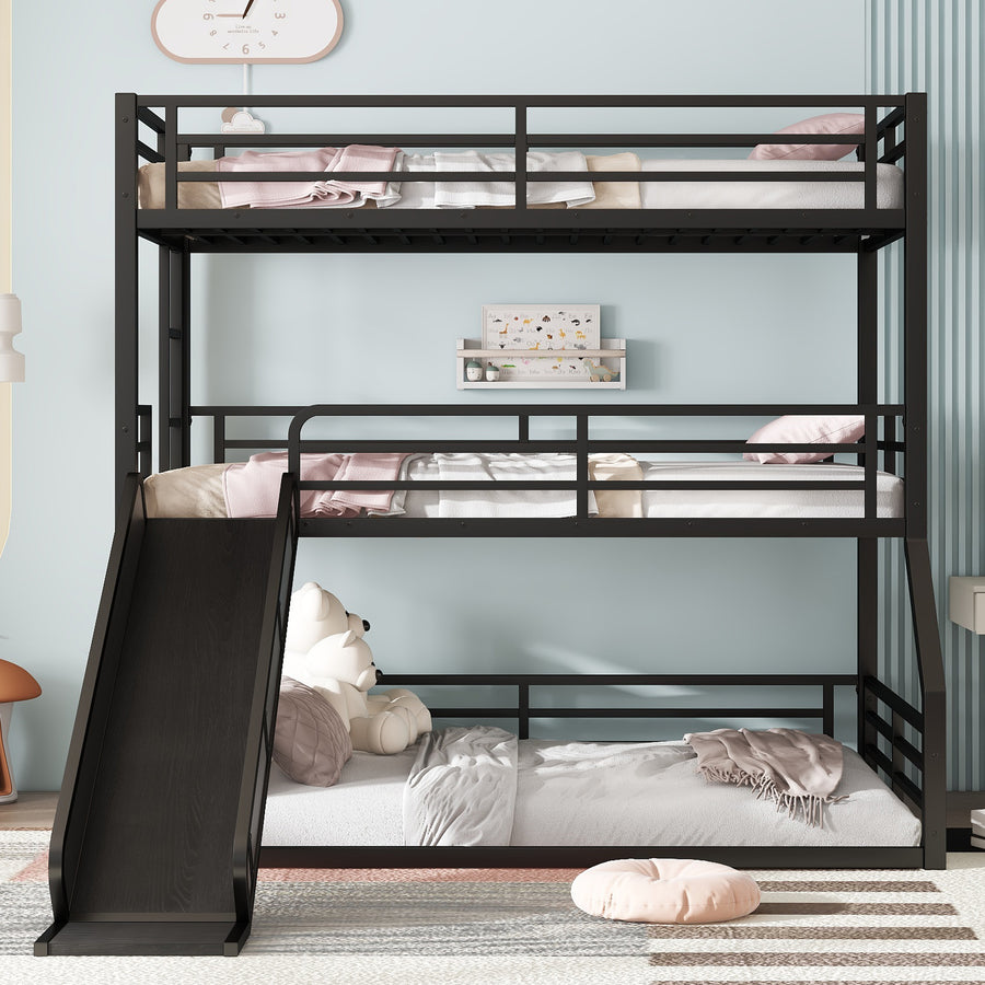 Twin over Twin over Full Bunk Bed with Slide - Black - primary color shot