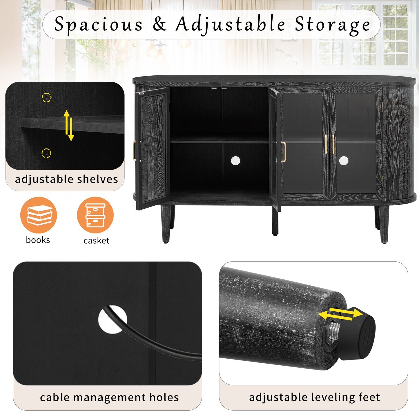 TREXM Farmhouse Sideboard Cabinet with Storage - Black - detail view 7