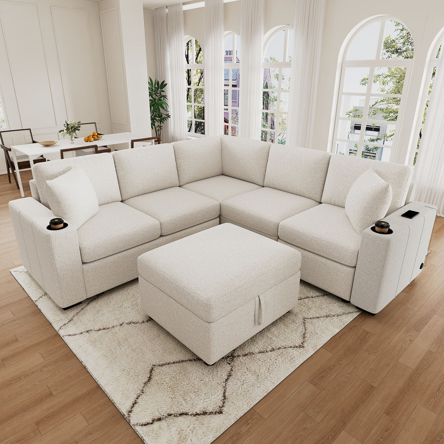 Convertible Sectional Sofa Bed with Movable Storage Ottoman, Beige Chenille, 84.7' - detail view 2