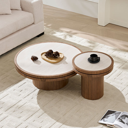Set of 19.49''+35.43'' MDF Round Coffee Table Sintered Stone Tabletop - Walnut - detail view 2