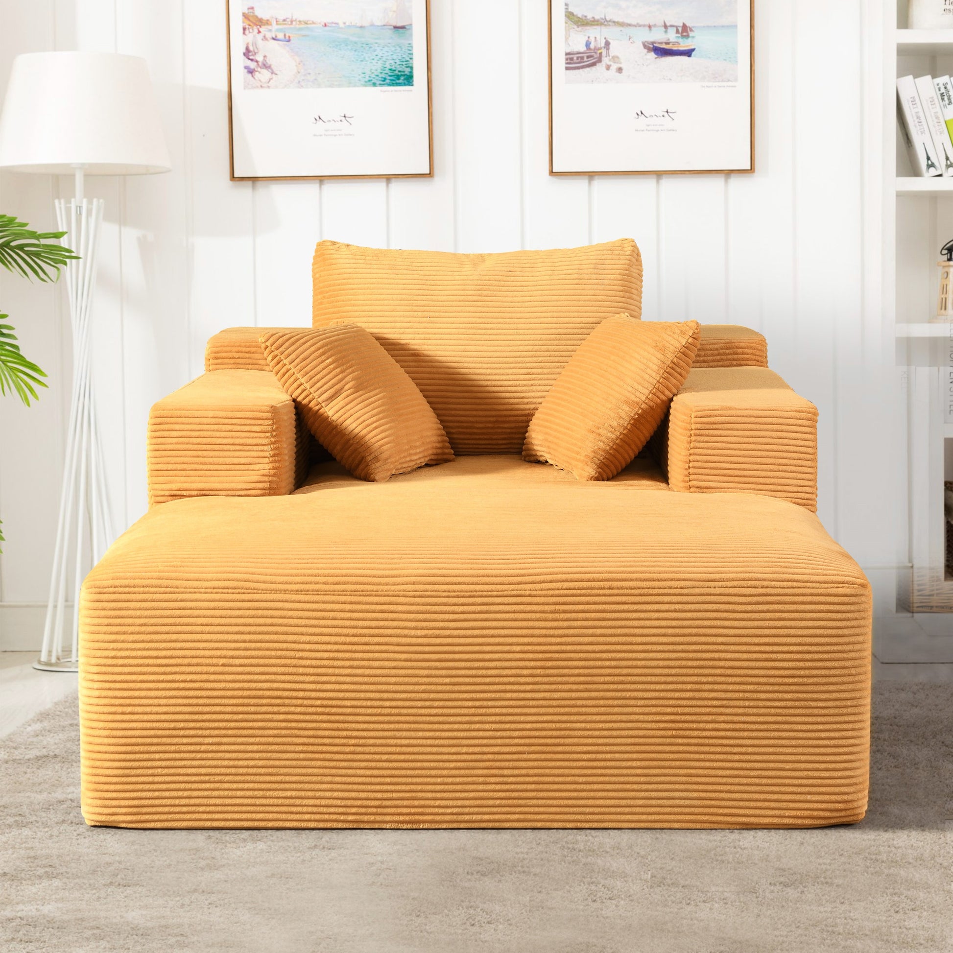 Convertible Chaise Lounge Chair Indoor – Oversized Corduroy Couch with Wide Armrest & Throw Pillows - Yellow - detail view 5