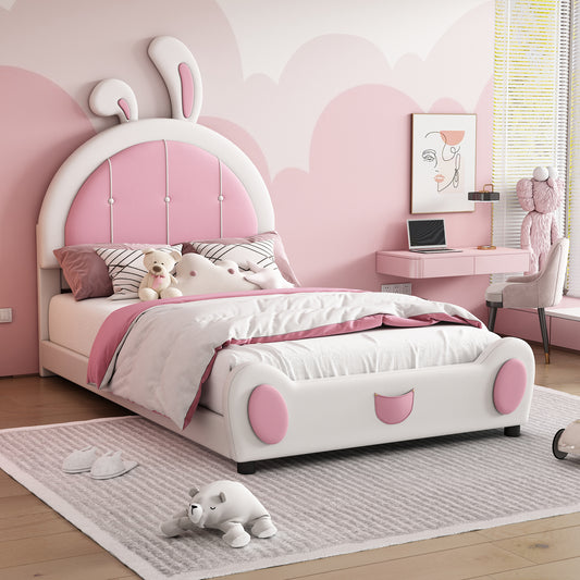 Allison Twin Size Upholstered Platform Bed with Rabbit Shaped Headboard, White & Pink