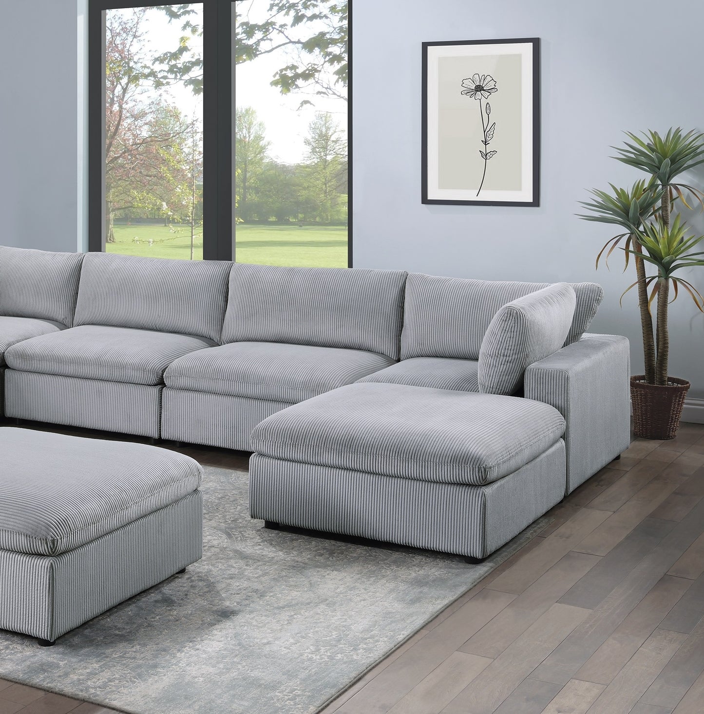 Dark Gray Color 8pc Modular Sectional Set Corduroy Upholstery Couch 3x Corner wedge 3x Armless Chairs 2x Ottomans Living Room Furniture - detail view 5