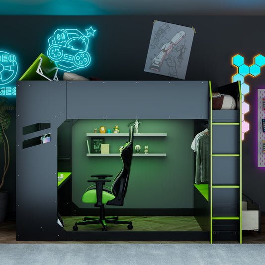Full Size Wood Loft Bed with Height-Adjustable Desk - Green - detail view 2