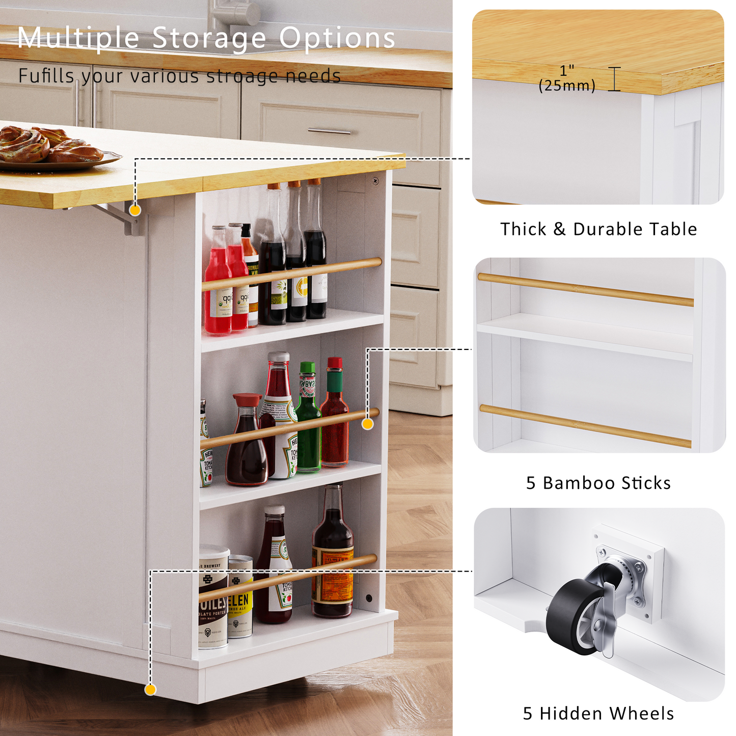 K&k 53" Large Kitchen Island with 2 Bar Stools - White - detail view 6
