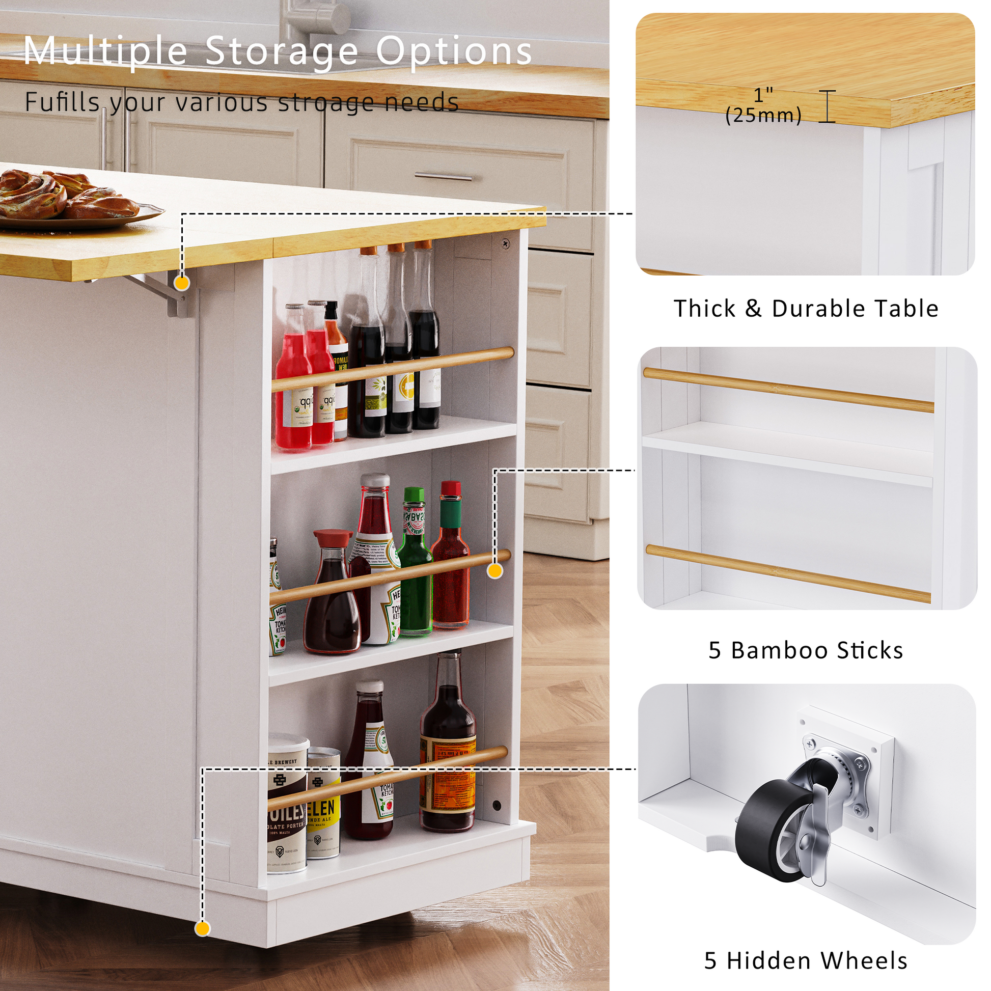 K&k 53" Large Kitchen Island with 2 Bar Stools - White - detail view 6