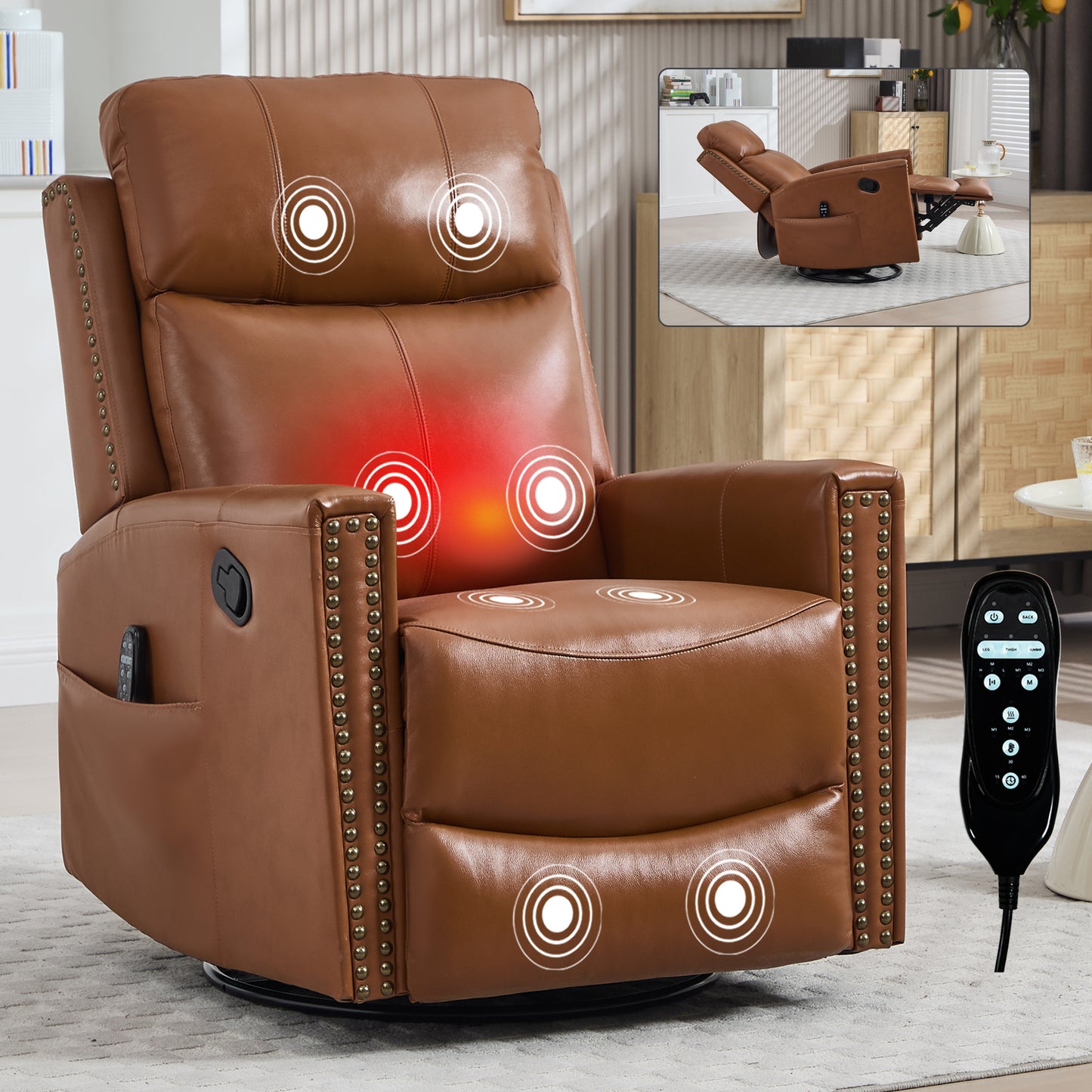 Deep Yellow Genuine Leather Heat Massage Manual Recliner Chair with Rocker and Swivel - primary color shot