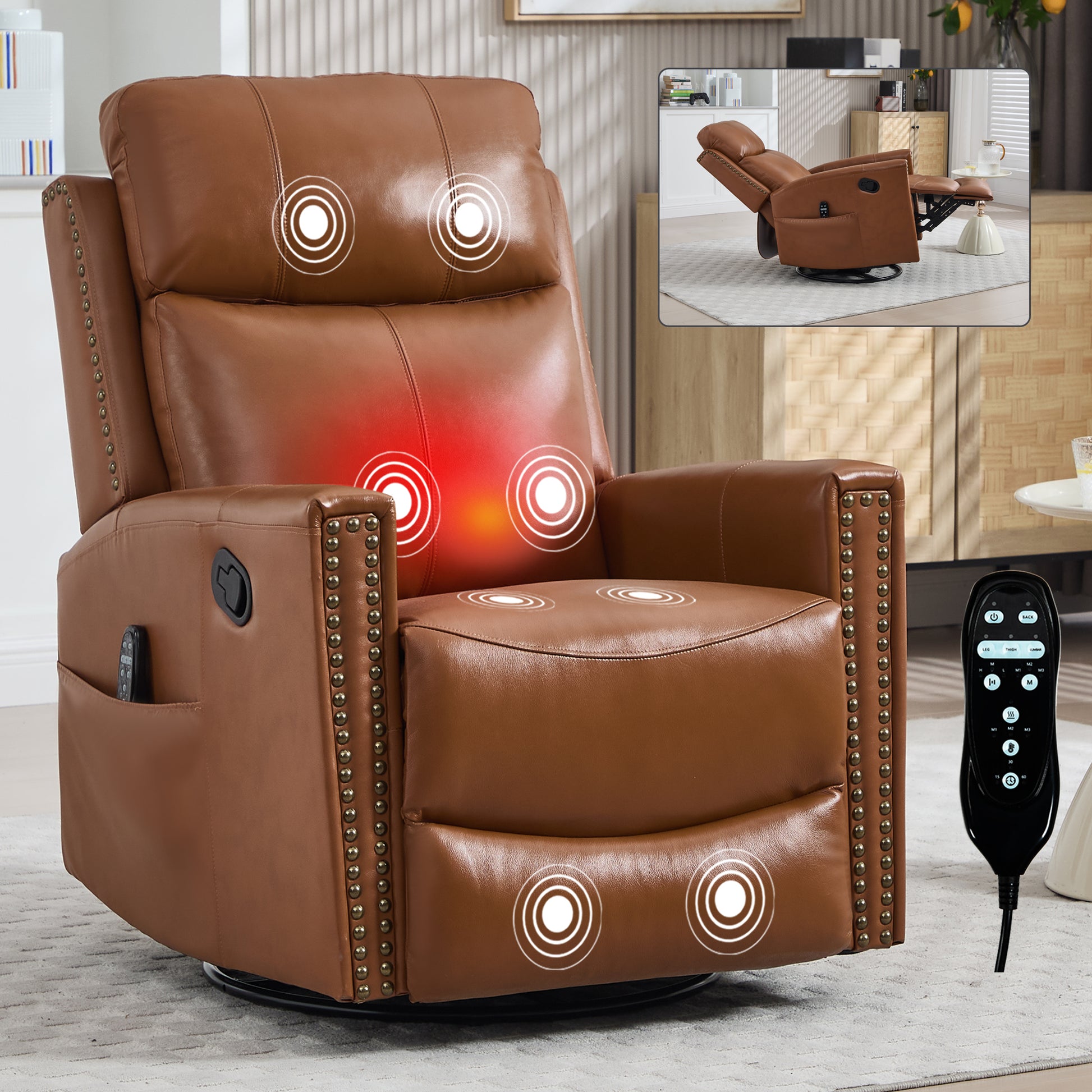 Deep Yellow Genuine Leather Heat Massage Manual Recliner Chair with Rocker and Swivel - primary color shot