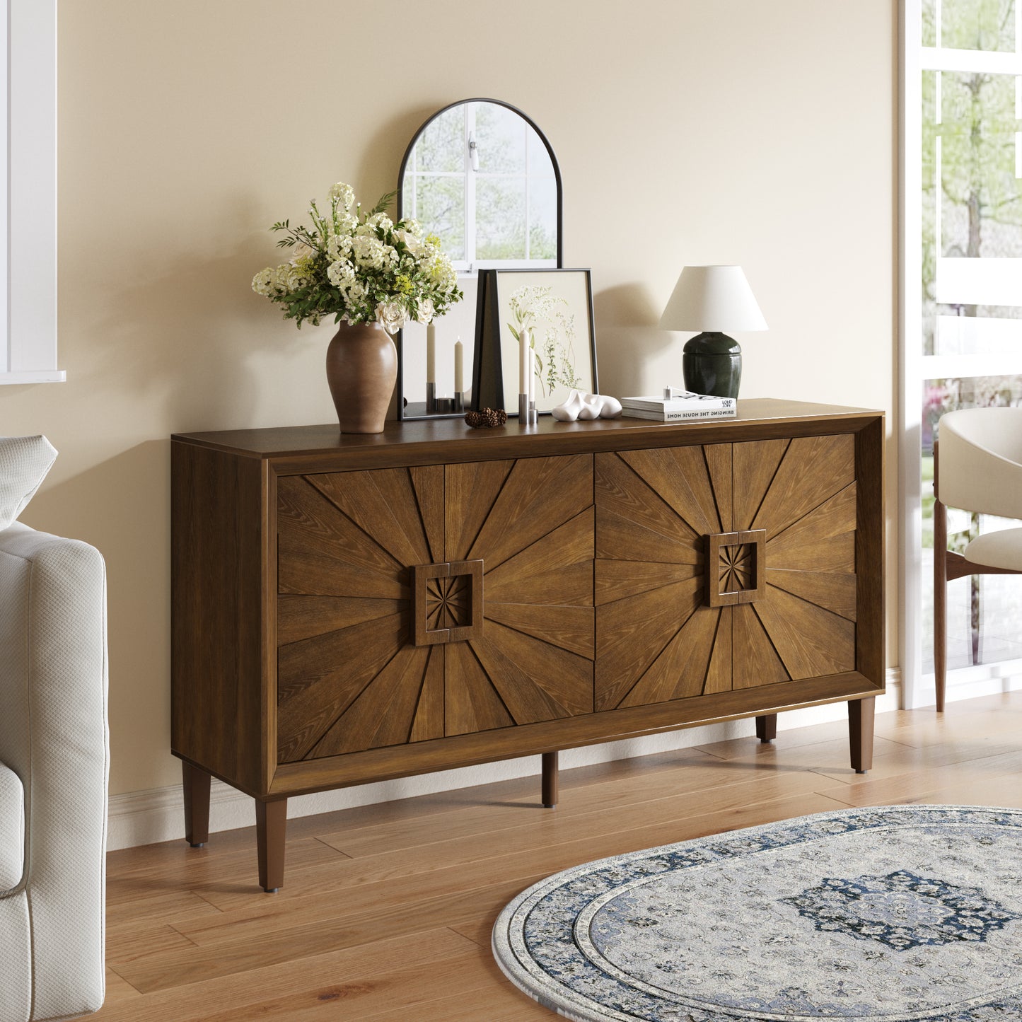 60-Inch Rustic Farmhouse Credenza with Sunburst Design