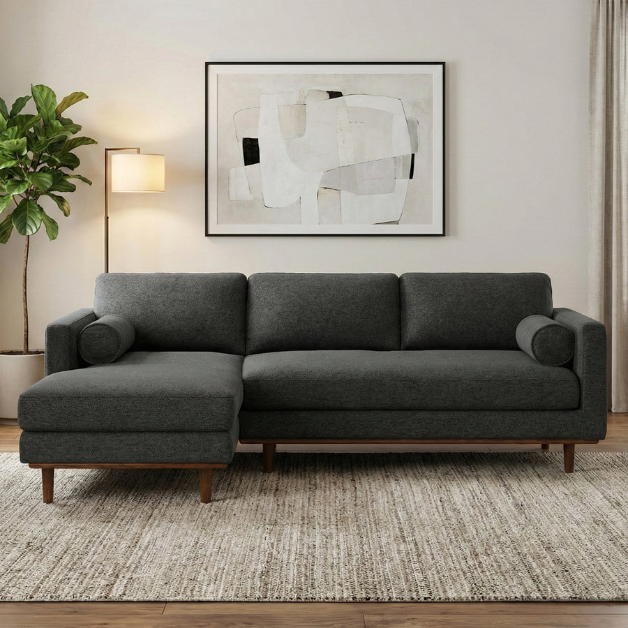 Morrison Left Sectional Sofa in Charcoal Grey Woven-Blend Fabric, Mid-Century Modern Design with Solid Wood Frame and High-Density Foam Cushions - detail view 2