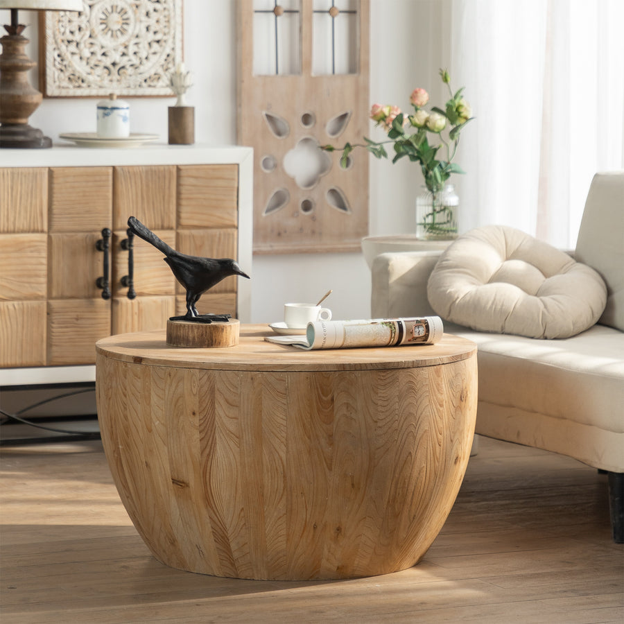 Vintage Style Barrel Coffee Table with Storage in Natural Finish - detail view 2