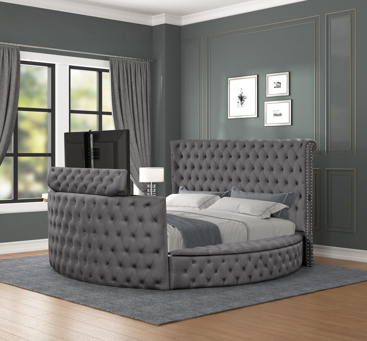 Maya Modern Style Crystal Tufted Queen Bed Made with wood in Gray