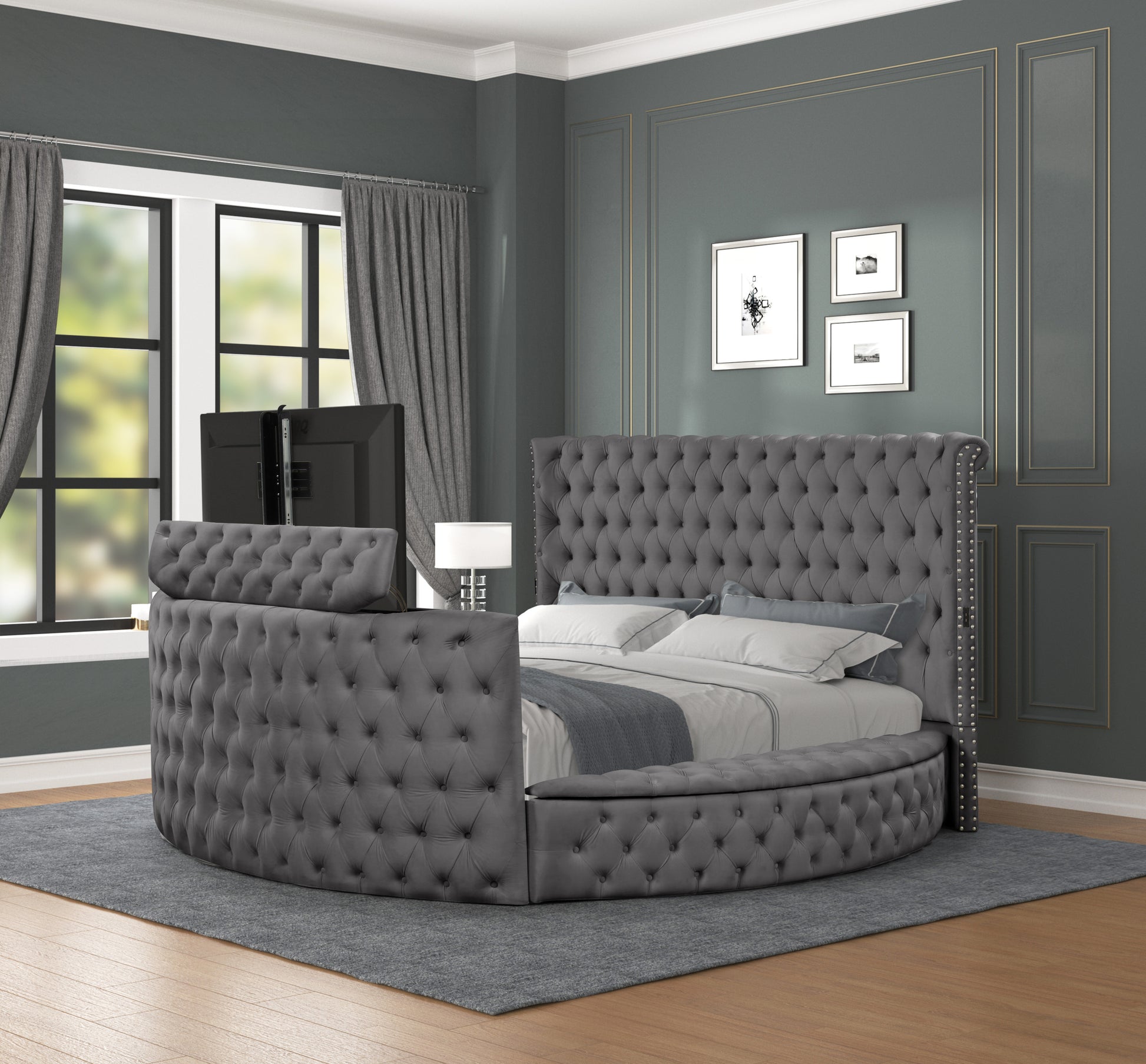 Maya Modern Style Crystal Tufted Queen Bed Made with wood in Gray