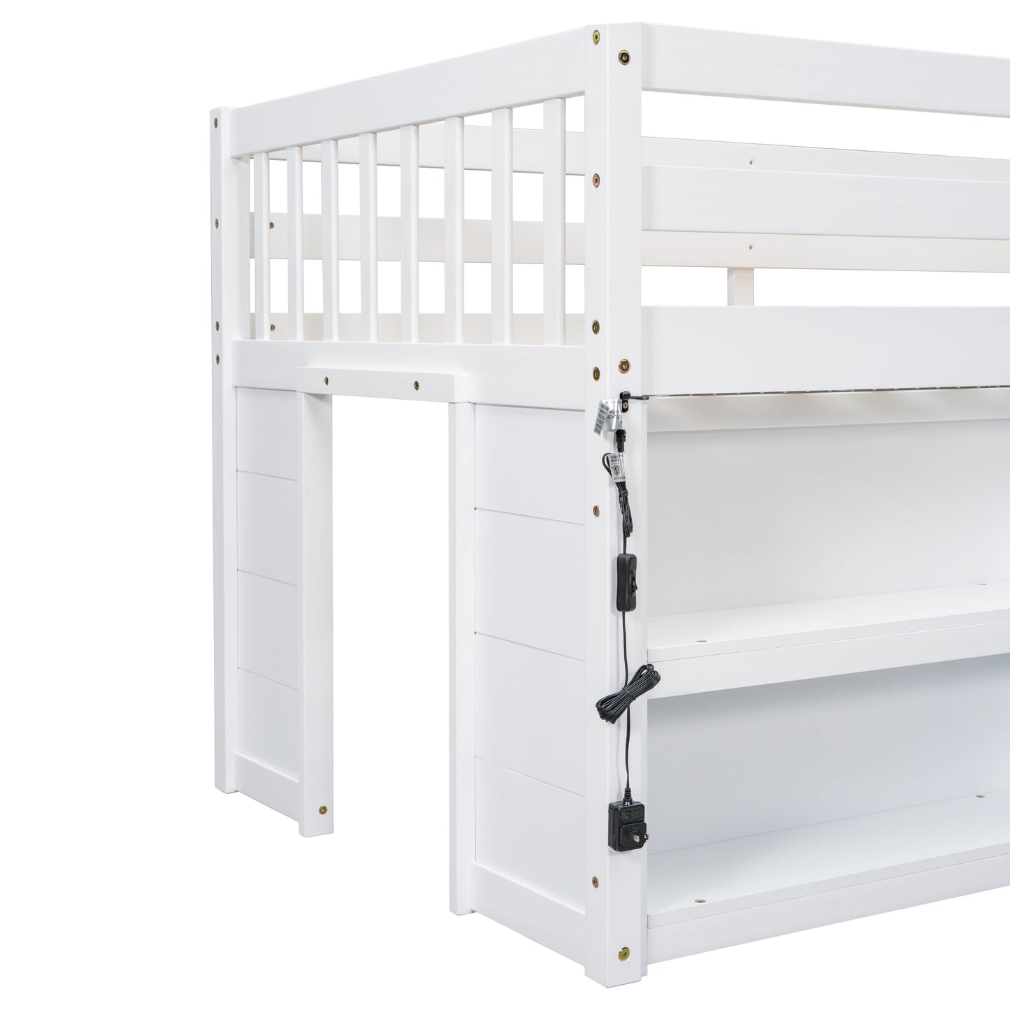 Delaney Twin Size Low Loft Bed With Two-Tier Shelves And LED Light, White