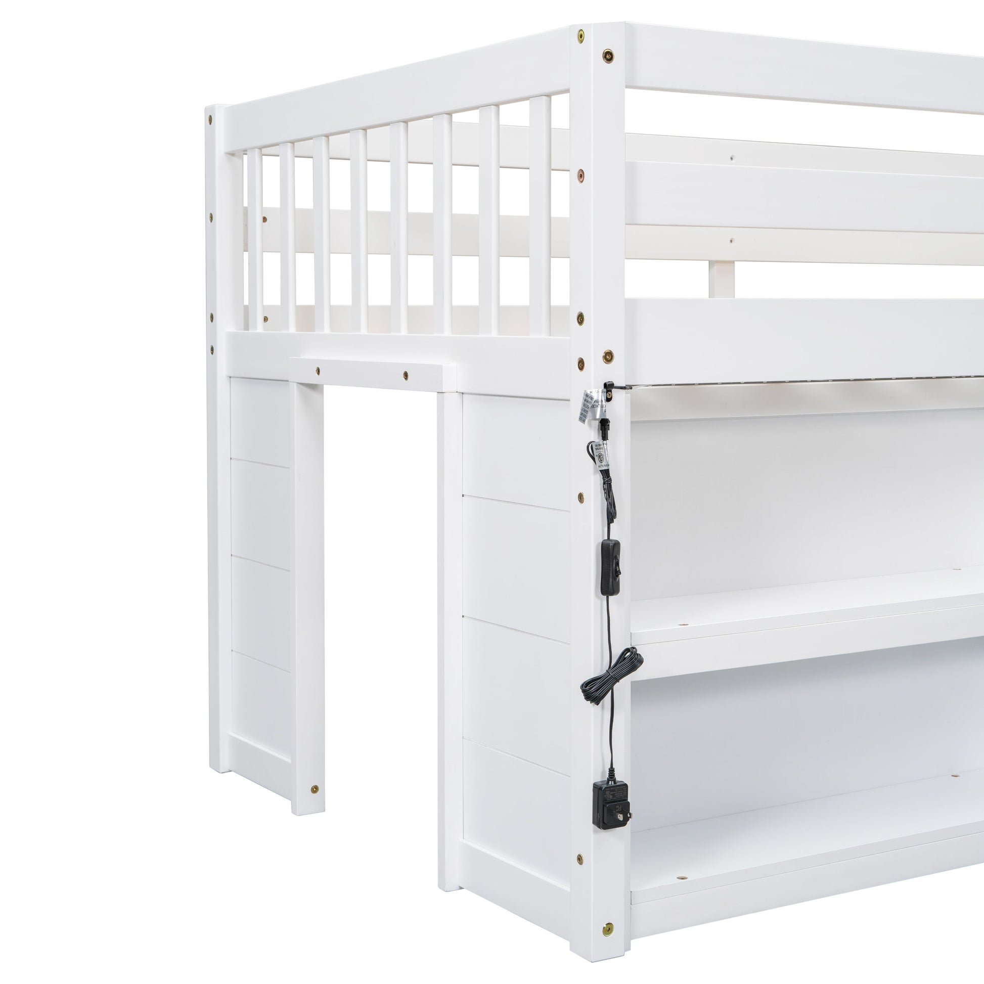 Delaney Twin Size Low Loft Bed With Two-Tier Shelves And LED Light, White