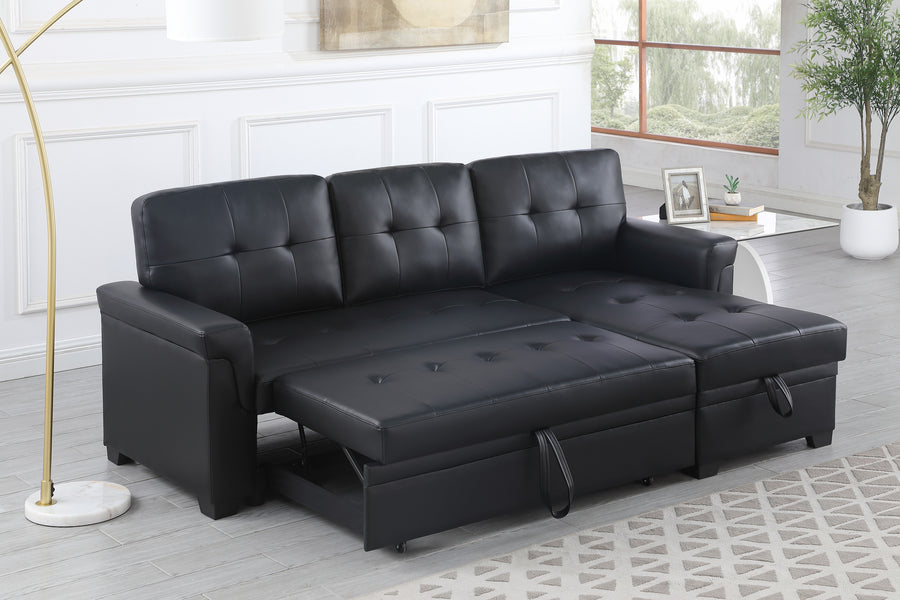 Lucca 84'W Black Vegan Leather Modern Reversible Sleeper Sectional Sofa with Storage Chaise - primary color shot
