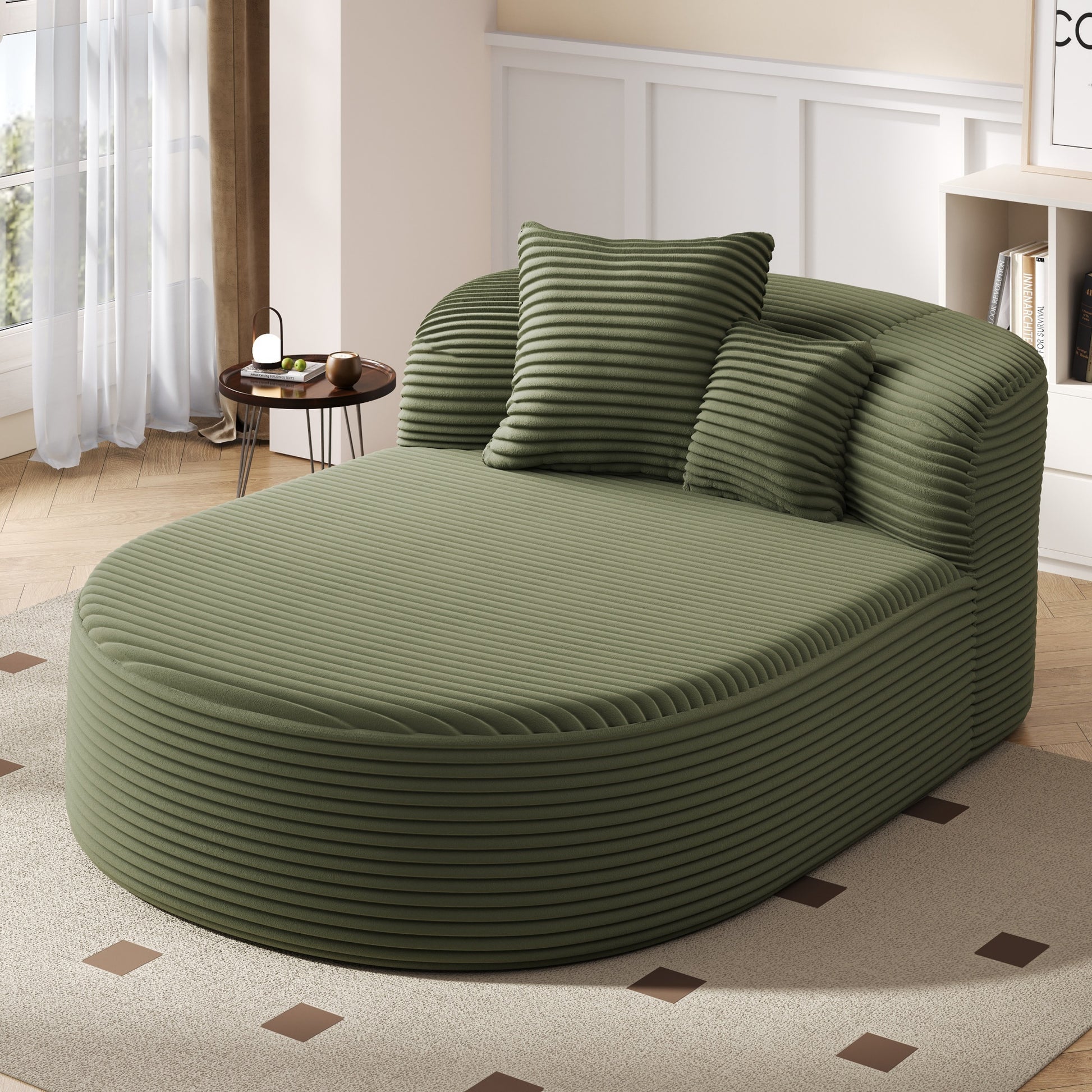 Modern Chaise Lounge Sofa Boneless Couch with Two Supportive Pillows - Green - detail view 2