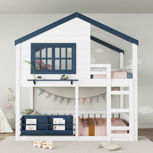 Full Size Bunk Bed/loft Bed with Bookshelf - White - primary color shot