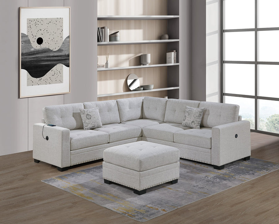 Casual Simple Tufted Couch Living Room Sectional 4pc Set Sincere Bone Color Fabric Upholstered RAF/LAF One-Arm Loveseat Wedge Ottoman - primary color shot