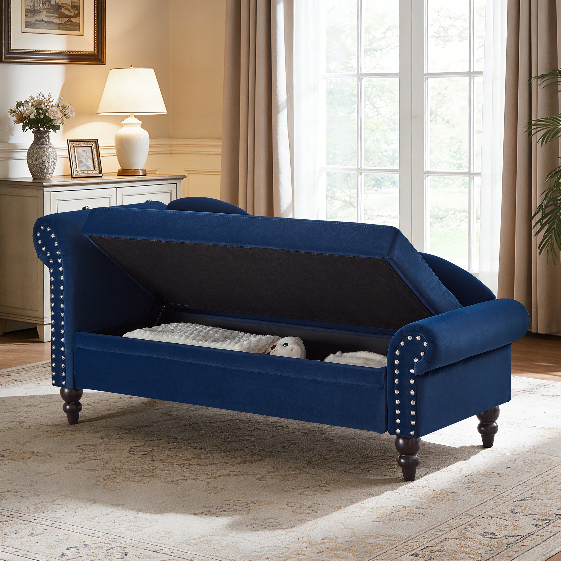 64" Modern Velvet Chaise Lounge - Navy & Blue - detail view 4