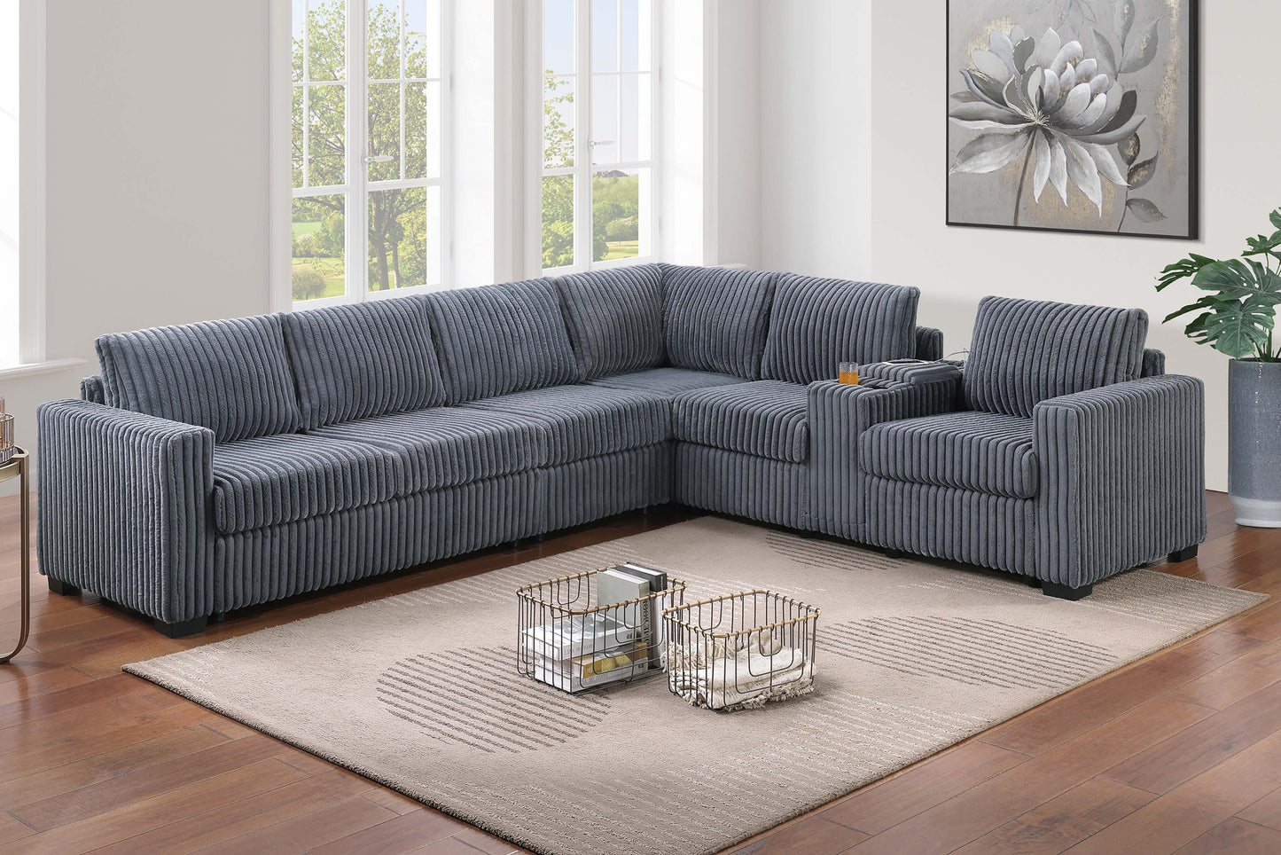 Modern Style L-Shape 4pc Sectional Set Dark Gray Finish Reversible Loveseat USB Ports Cup Holder Armless Chair Plastic Legs Corduroy Upholstered Primary - primary color shot