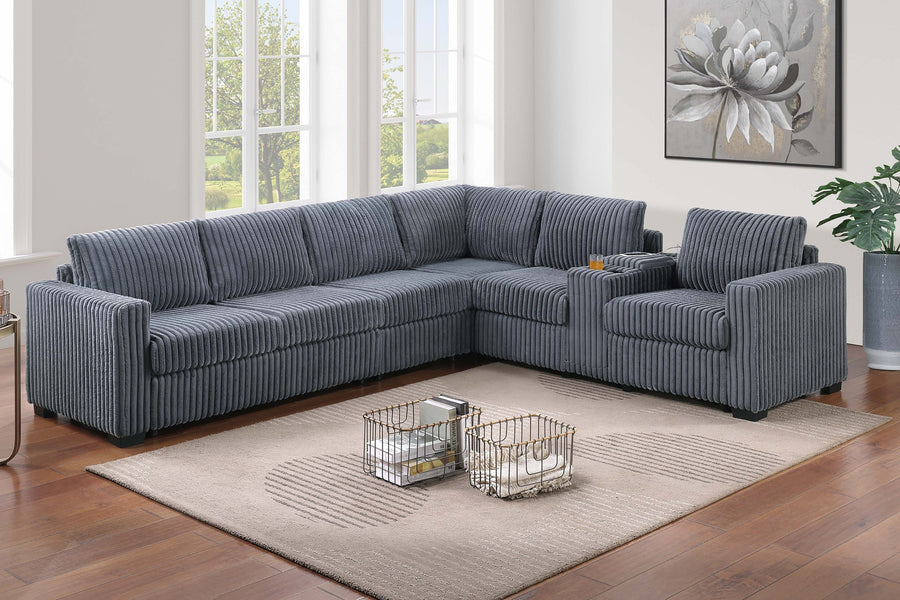 Modern Style L-Shape 4pc Sectional Set Dark Gray Finish Reversible Loveseat USB Ports Cup Holder Armless Chair Plastic Legs Corduroy Upholstered Primary - primary color shot