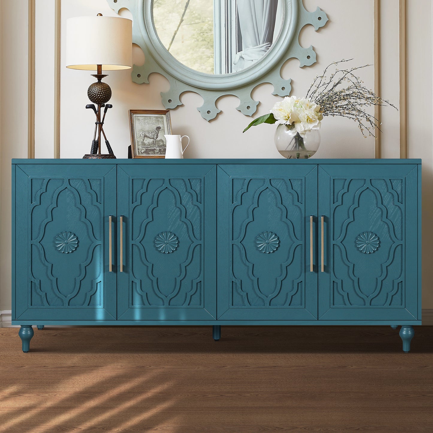Blue/Navy Teal Accent Cabinet with Carved Flower Door
