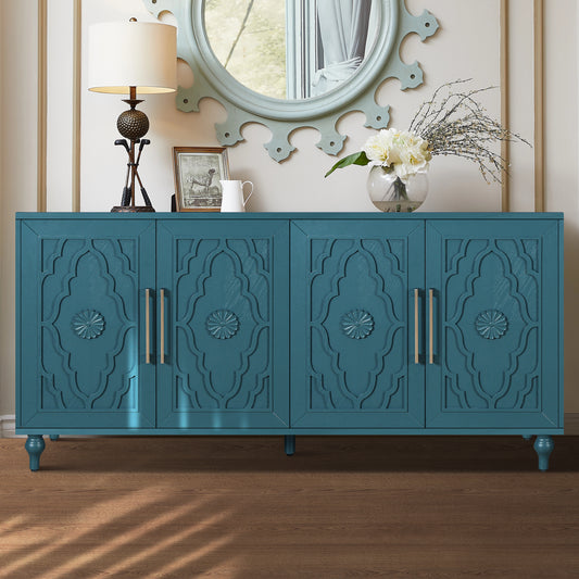 Blue/Navy Teal Accent Cabinet with Carved Flower Door