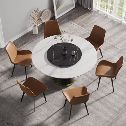 59" Modern Artificial Stone Round Black Carbon Steel Base Dining Table-Can Accommodate 6 People-31.5'black Artificial Stone Turntable - White & Black - detail view 2