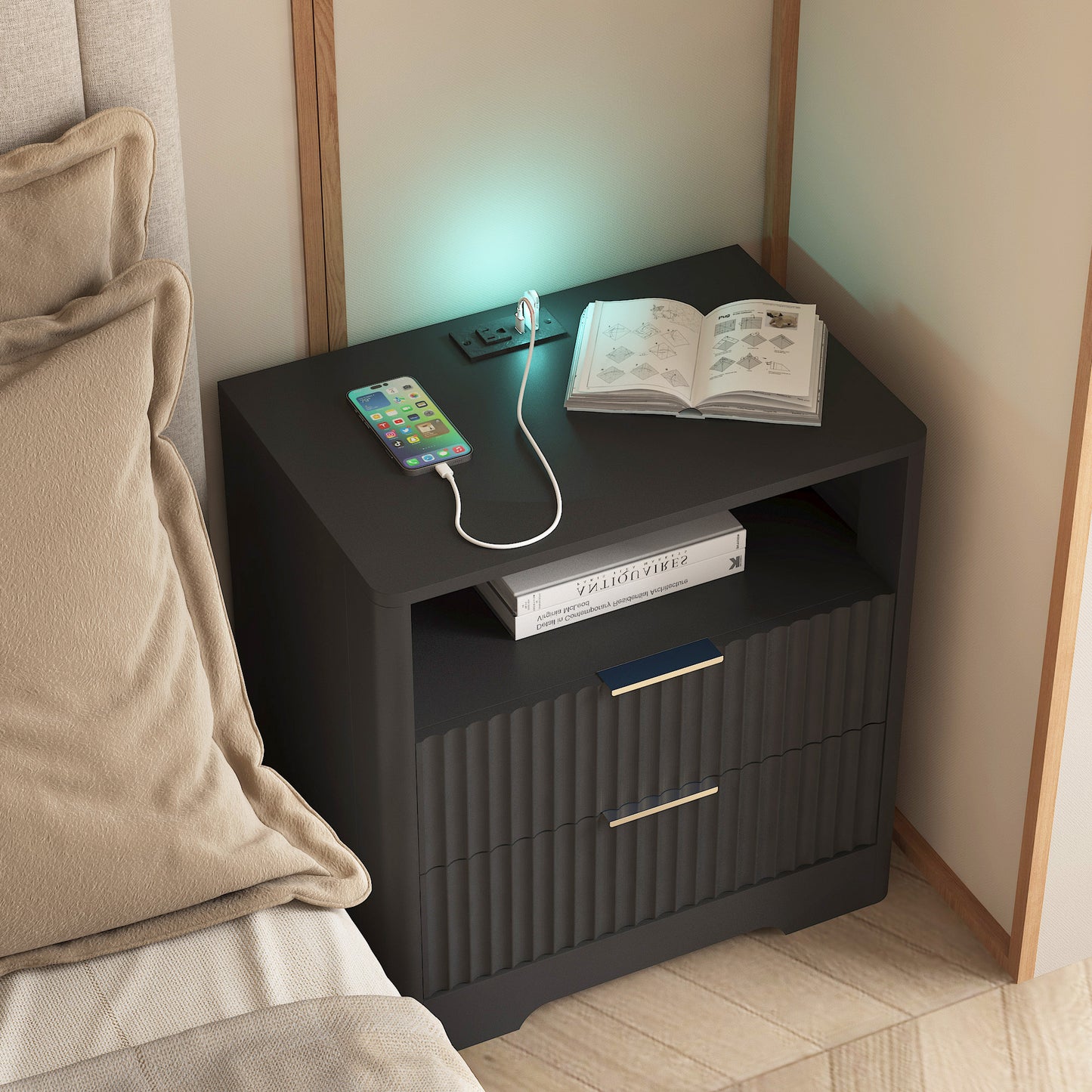 Nightstand with Charging Station - Black - detail view 3