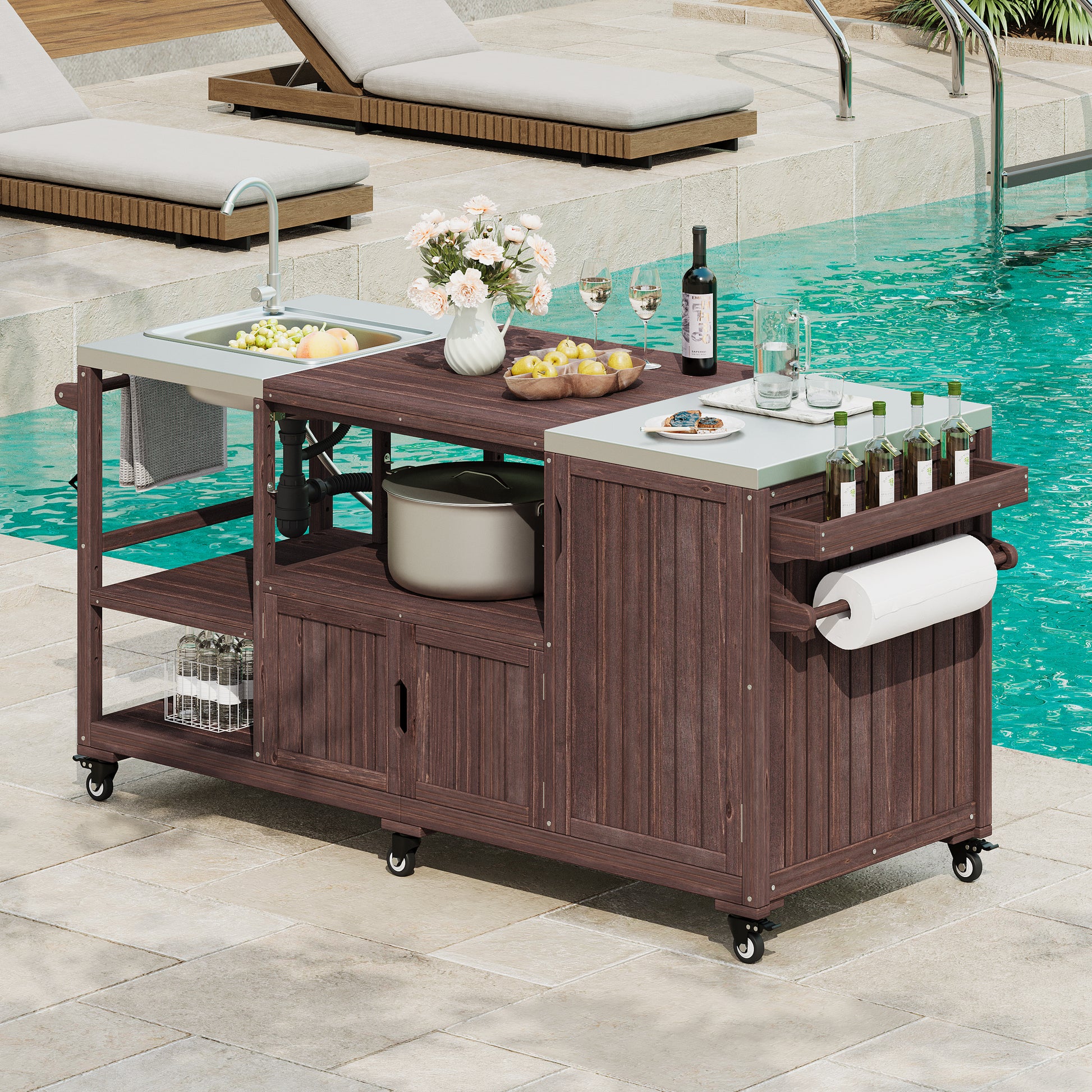K&k 75.4' Outdoor Kitchen Island with Sink - Brown - detail view 3