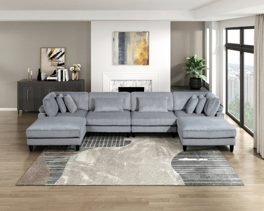 6pc Modular Sectional Set Gray Corduroy Upholstery 2x Armless Chairs 2x Corner Seats 2x Ottomans Pillows Living Room Furniture - primary color shot